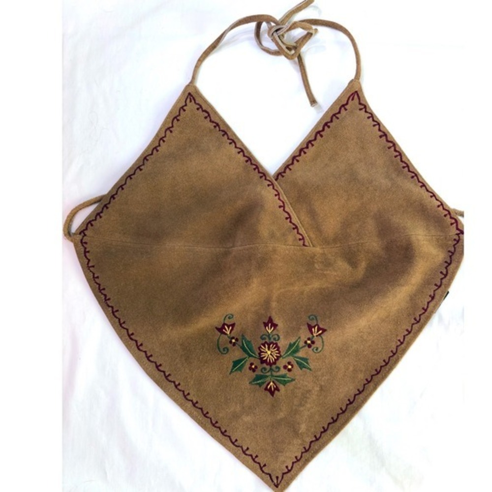VTG 1990's PASSPORT Brown Suede Floral Embroidered Triangle Halter Top S